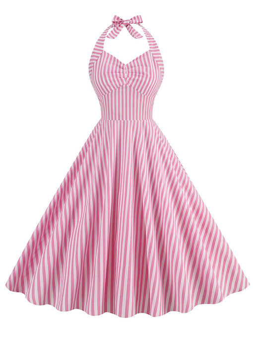 Pink And White Vertical Stripe Halter Barbie Same Style 1950S Vintage Dress