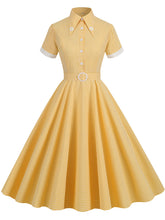 Load image into Gallery viewer, Yellow And White Plaid Daisy Claasic Collar 1950S Dress With Belt Set