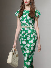 Load image into Gallery viewer, Green Fruit Embroidery Hollow Lace 1960S Vintage Fishtail Dress With Pearls Belt