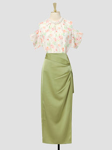 2PS White Rose Print Pearl Shirt With Green Slit Wrap Skirt Suit