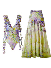 Load image into Gallery viewer, Yellow Ruffles Flowers One-piece Swimsuit With Bathing Suit Swing Skirt