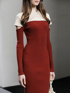 Red Cheongsam with Open Long Sleeve Knitted Vintage Dress