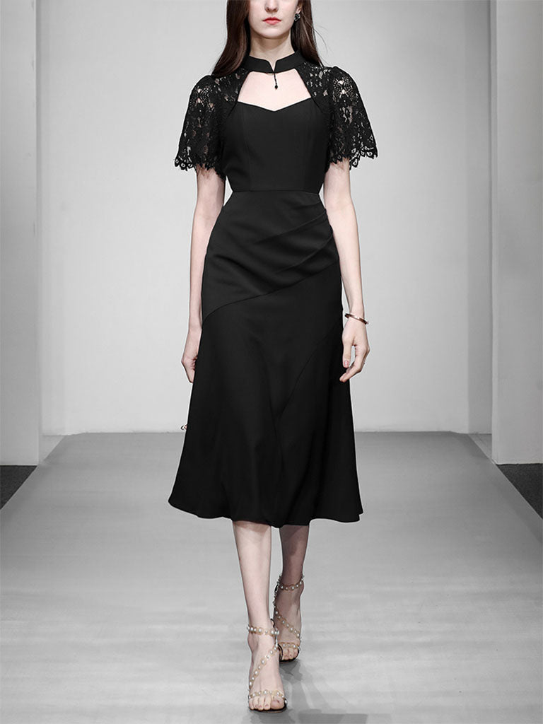 1950s Swing Queen Anne Lace Neckline Little Black Dress, Black / M 1950s Swing Queen Anne Lace Neckline Little Black Dress, Black / M