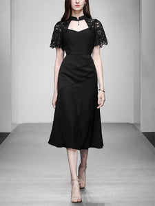 1950S Swing Queen Anne Lace Neckline Little Black Dress