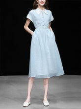 Load image into Gallery viewer, Blue Turndown Collar Retro Cap Sleeve 1950S Vintage Dress
