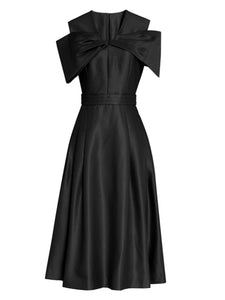Rose Luxury Bow V Neck High Waist Swing Party Dress