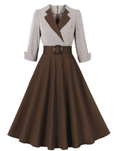 Load image into Gallery viewer, 1950s Black V Neck Plaid 3/4 Sleeve Vintage Swing Dress With Belt