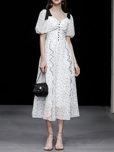 White Sweet Heart Print Square Neck Bow Chiffon 1950S Dress