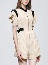 Load image into Gallery viewer, Apricot Jacquard Fabric Short Sleeve High Waist Jumpsuit