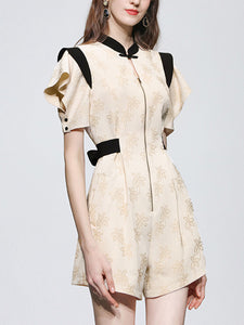 Apricot Jacquard Fabric Short Sleeve High Waist Jumpsuit