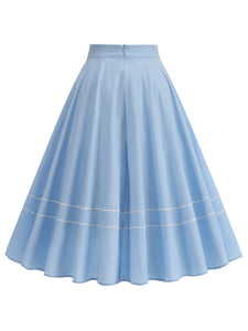 1950S Blue High Waist Pleated Swing Vintage Skirt With Pockets