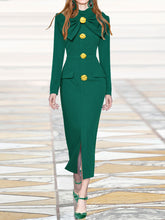 Load image into Gallery viewer, Green Bow Collar Long Sleeve 1940S Bodycon Vintage Dress With Golden Button