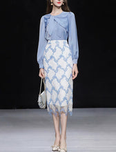 Load image into Gallery viewer, 2PS Blue Bow Collar Satin Shirt And Lace Mermaid Skirt Suit