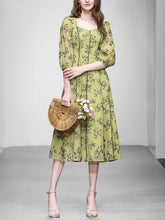 Load image into Gallery viewer, Mustard Yellow Square Neck Floral Print 1950S Vintage Swing Dress
