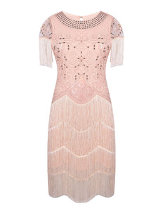 Pink Gatsby Glitter Fringe 1920s Flapper Dress Set