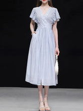 Load image into Gallery viewer, Light Blue Striped V Neck 1950S Vintage Dress