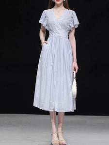 Light Blue Striped V Neck 1950S Vintage Dress