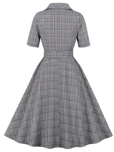 1950S Grey Turndown Collar Plaid Short Sleeve Vintage Dress With Pockets