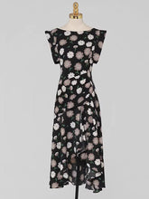Load image into Gallery viewer, Black Floral Print Short Front Long Back Design Butterfly Sleeve 1940S Vintage Dress