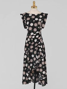 Black Floral Print Short Front Long Back Design Butterfly Sleeve 1940S Vintage Dress