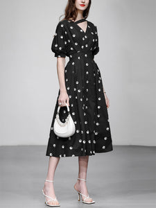Black V Neck Balloon Sleeve Embroidered 1950S Vintage Dress