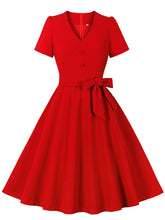 Load image into Gallery viewer, Red V Neck Short Sleeve Vintage Swing Dress With Belt