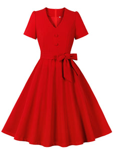 Red V Neck Short Sleeve Vintage Swing Dress With Belt