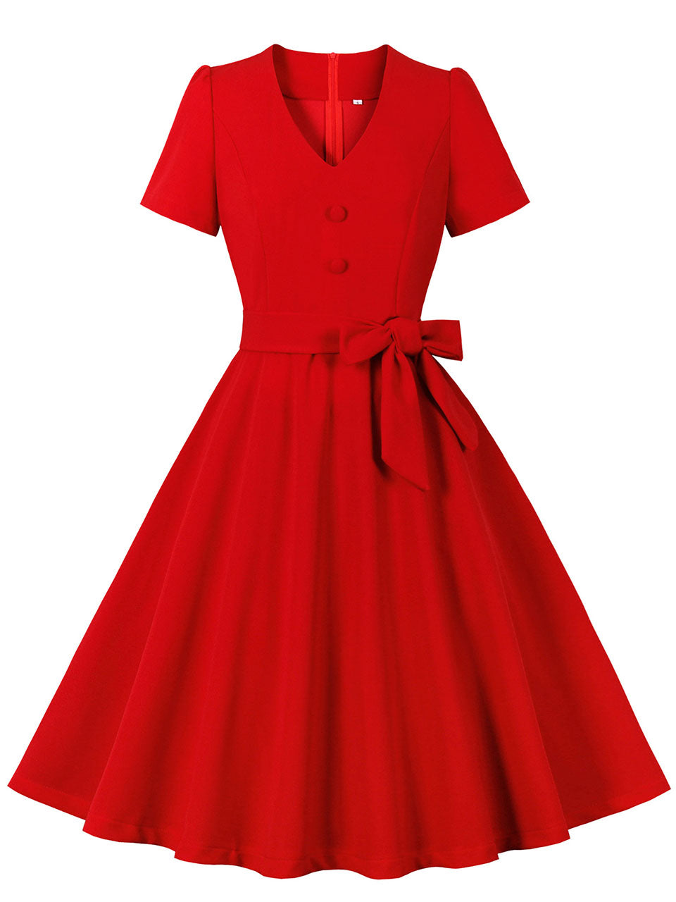 Red V Neck Short Sleeve Vintage Swing Dress With Belt