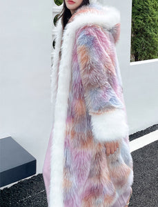 Faux Fur Coat Women V Neck Long Sleeve Hooded Maxi Winter Coat