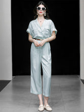 Load image into Gallery viewer, Baby Blue Lapel Collar Cotton And Linen Short Sleeve Workwear Jumpsuit