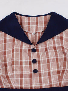 1950S Brown Sailor Collar Plaid Short Sleeve Vintage Dress