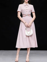 Load image into Gallery viewer, Women’s Apricot Pink Double-Breasted Belted Tunic Shirt Dress