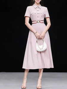 Women’s Apricot Pink Double-Breasted Belted Tunic Shirt Dress