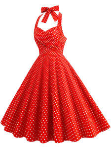 Red Polka Dots Vintage Halter Strap Backless 1950S Vintage Dress With Pockets