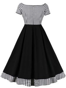 Black Plaid Off Shoulder Short Sleeve 1950S Vintage Dress