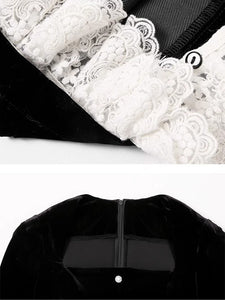 Black Square Neck Ruffle Velvet Fishtail Lace Vintage Dress
