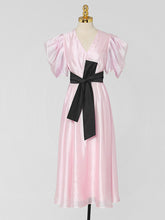 Load image into Gallery viewer, Light Pink V-neck Organza Fairy Dress With Black Belt