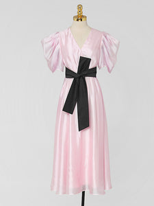 Light Pink V-neck Organza Fairy Dress With Black Belt, Pink / L Light Pink V-neck Organza Fairy Dress With Black Belt, Pink / L