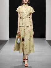 Load image into Gallery viewer, 2PS Brown Floral Print Ruffled Sleeve Shirt With Swing Skirt Set