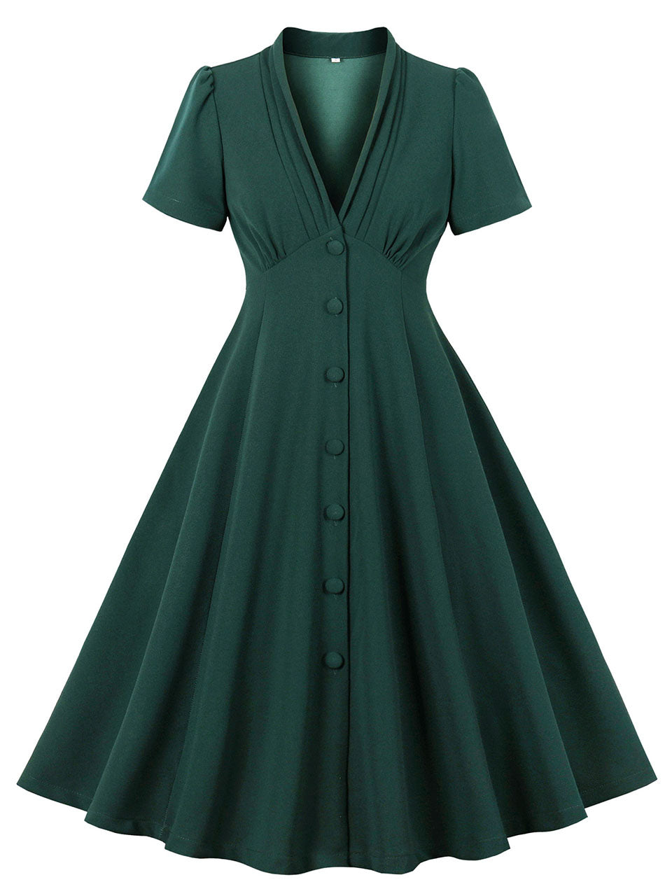 Zapaka Women Dark Green 1950s Dress with Bows V Neck Single Breasted Short Sleeves Vintage Dress, Dark Green / S