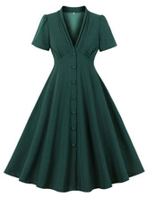 Load image into Gallery viewer, Dark Green V Neck Short Sleeve Vintage Swing Dress With Belt