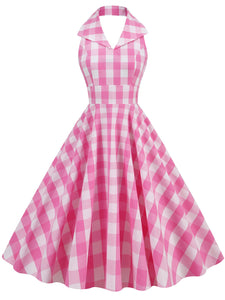 Pink And White Plaid Halter Barbie Same Style 1950S Vintage Dress