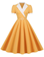 Load image into Gallery viewer, Yellow V Neck Short Sleeve Swing Vintage 1950S Dress With Belt