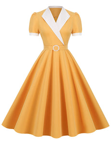 Yellow V Neck Short Sleeve Swing Vintage 1950S Dress With Belt