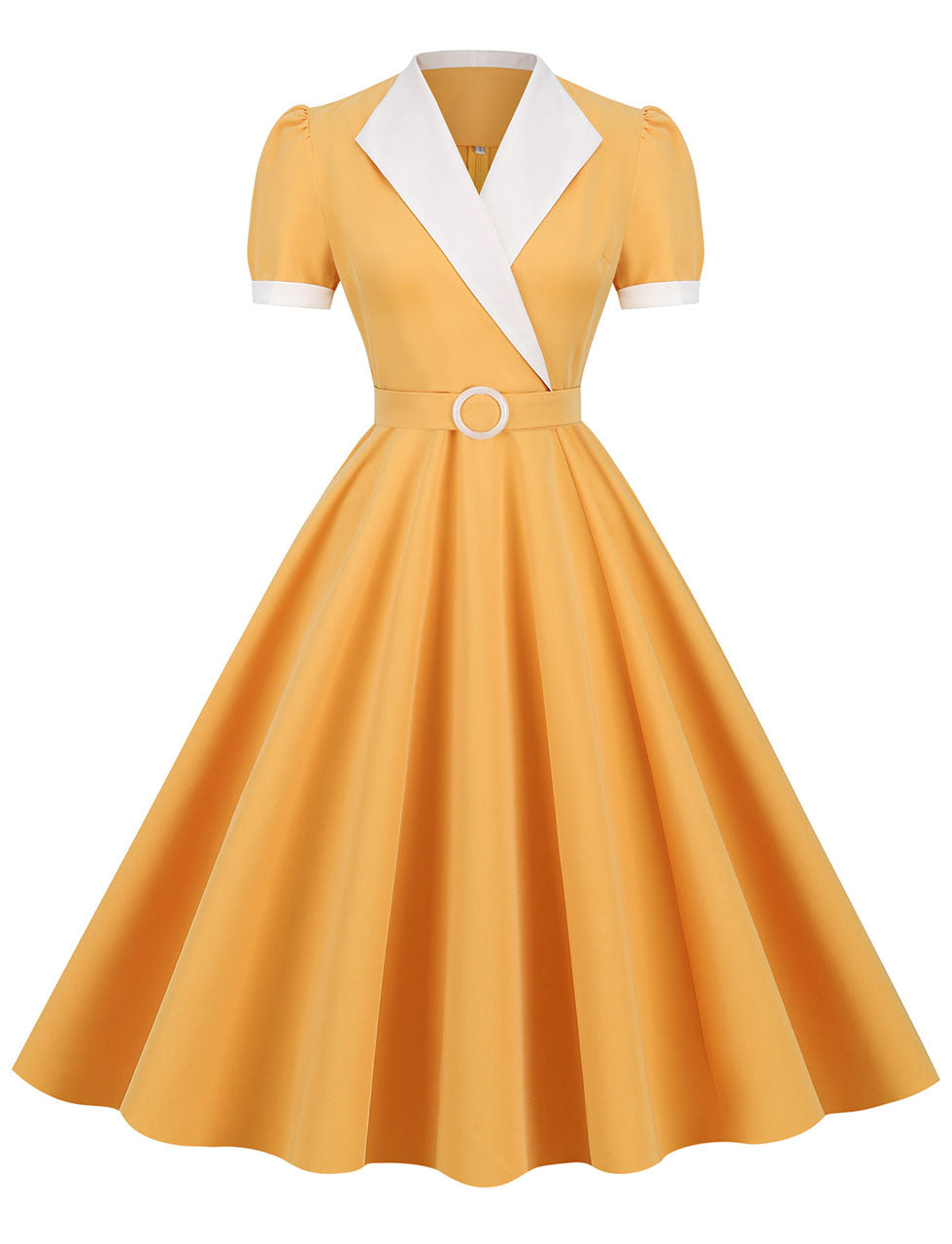 Yellow V Neck Short Sleeve Swing Vintage 1950S Dress With Belt