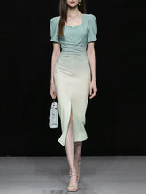 Load image into Gallery viewer, Blue Gradient Sweet Heart Collar Puff Sleeve Slit Mermaid Dress