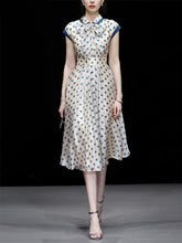 Load image into Gallery viewer, Blue Polka Dots Bow Collar 1950S Vintage Dress With Cap Sleeve