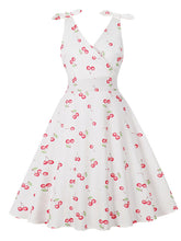 Load image into Gallery viewer, White V Neck Cherry 1950s Vintage Swing Dress