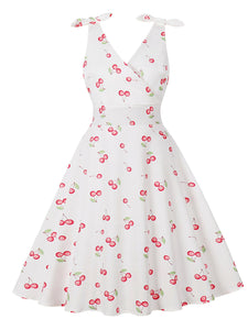 White V Neck Cherry 1950s Vintage Swing Dress
