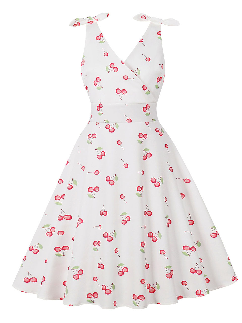 White V Neck Cherry 1950s Vintage Swing Dress